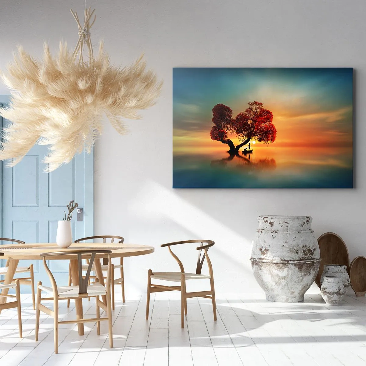 Obraz na płótnie - Drzewo o czerwonych liściach i łódź na wodzie o zachodzie słońca - 70x50cm - Oddaleńcy i ciszyzna bezświata - Nowoczesna dekoracja ścienna do salonu i sypialni ARTTOR