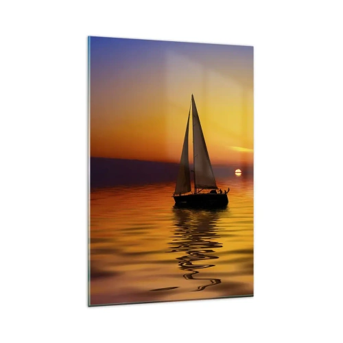 Obraz na szkle - Żaglówka na spokojnym morzu o zachodzie słońca - 80x120cm - Jak tu cicho o zmierzchu… - Nowoczesna dekoracja ścienna do salonu i sypialni ARTTOR