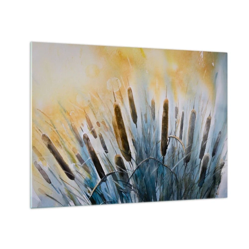 Obraz na szkle - Malowane pałki wodne na tle słonecznego nieba - 70x50cm - Chłód wody, słońca żar - Nowoczesna dekoracja ścienna do salonu i sypialni ARTTOR