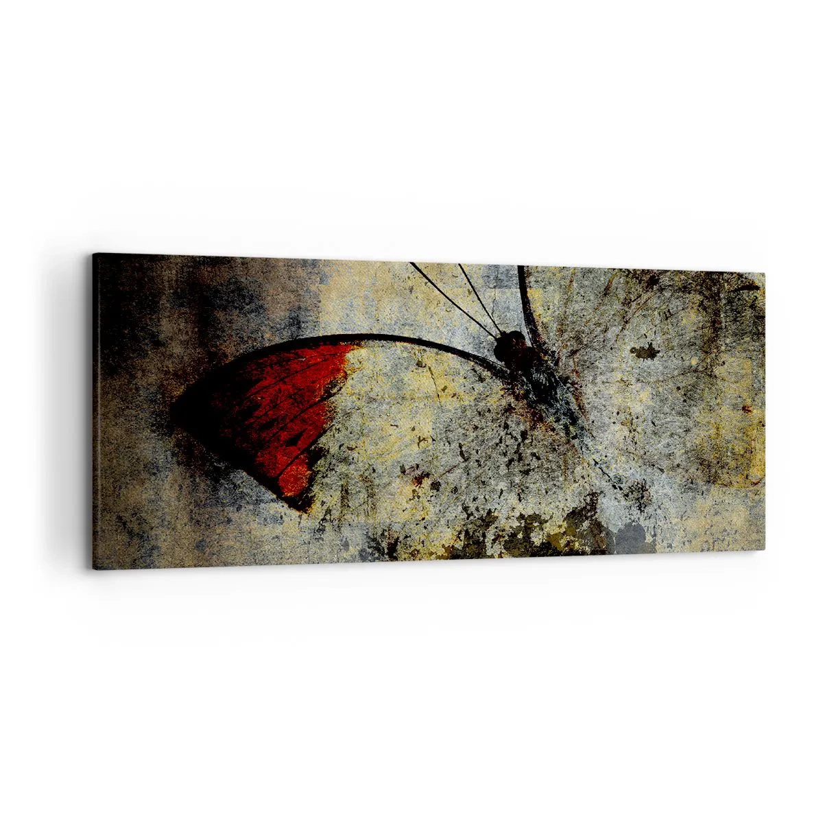 Obraz na płótnie - Motyl w odcieniach czerwieni i szarości na teksturowanym tle - 120x50cm - Patrz, zanim zniknę - Nowoczesna dekoracja ścienna do salonu i sypialni ARTTOR