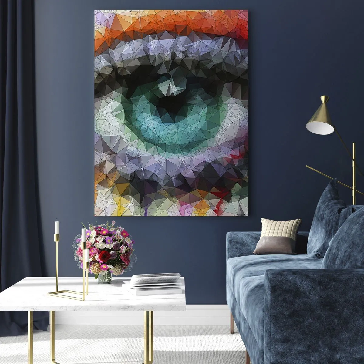 Obraz na szkle - Geometryczne oko w żywych barwach z efektem kryształów - 50x70cm - Krystaliczny oczu blask - Nowoczesna dekoracja ścienna do salonu, kuchni i sypialni ARTTOR