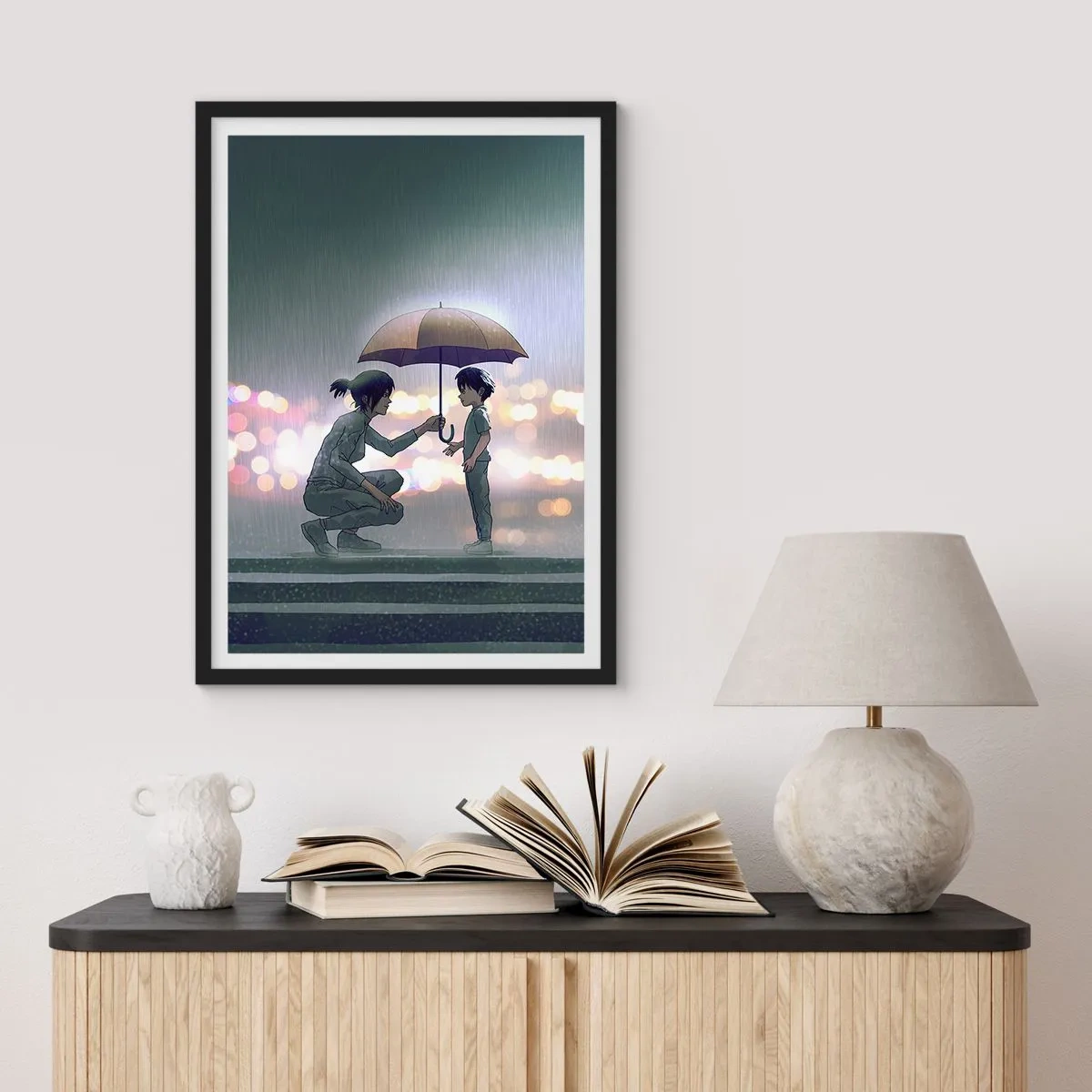 Plakat w czarnej ramie - Osoba dorosła wręczająca parasolkę dziecku na tle deszczu - 50x70cm - I już jest wszystko dobrze - Nowoczesna dekoracja ścienna do salonu i sypialni ARTTOR