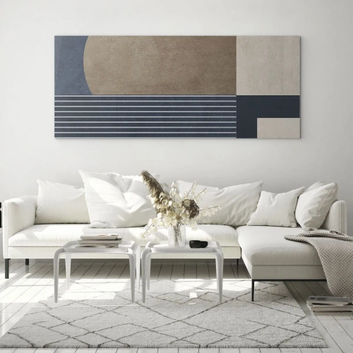 Obraz na szkle - Geometryczne figury w odcieniach beżu i granatu z liniami - 140x50cm - Kompozycja prostoty i krągłości - Nowoczesna dekoracja ścienna do salonu i sypialni ARTTOR
