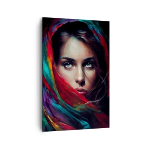 Obraz na płótnie - Portret kobiety w kolorowej chuście o intensywnych barwach - 80x120cm - Zielonooka tajemnica - Nowoczesna dekoracja ścienna do salonu i sypialni ARTTOR