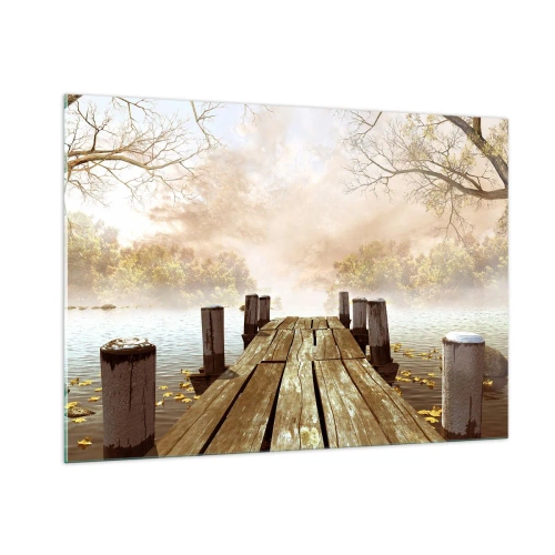 Obraz na szkle - Drewniany pomost nad spokojnym jeziorem we mgle - 100x70cm - Łagodny smutek jesieni - Nowoczesna dekoracja ścienna do salonu, kuchni i sypialni ARTTOR