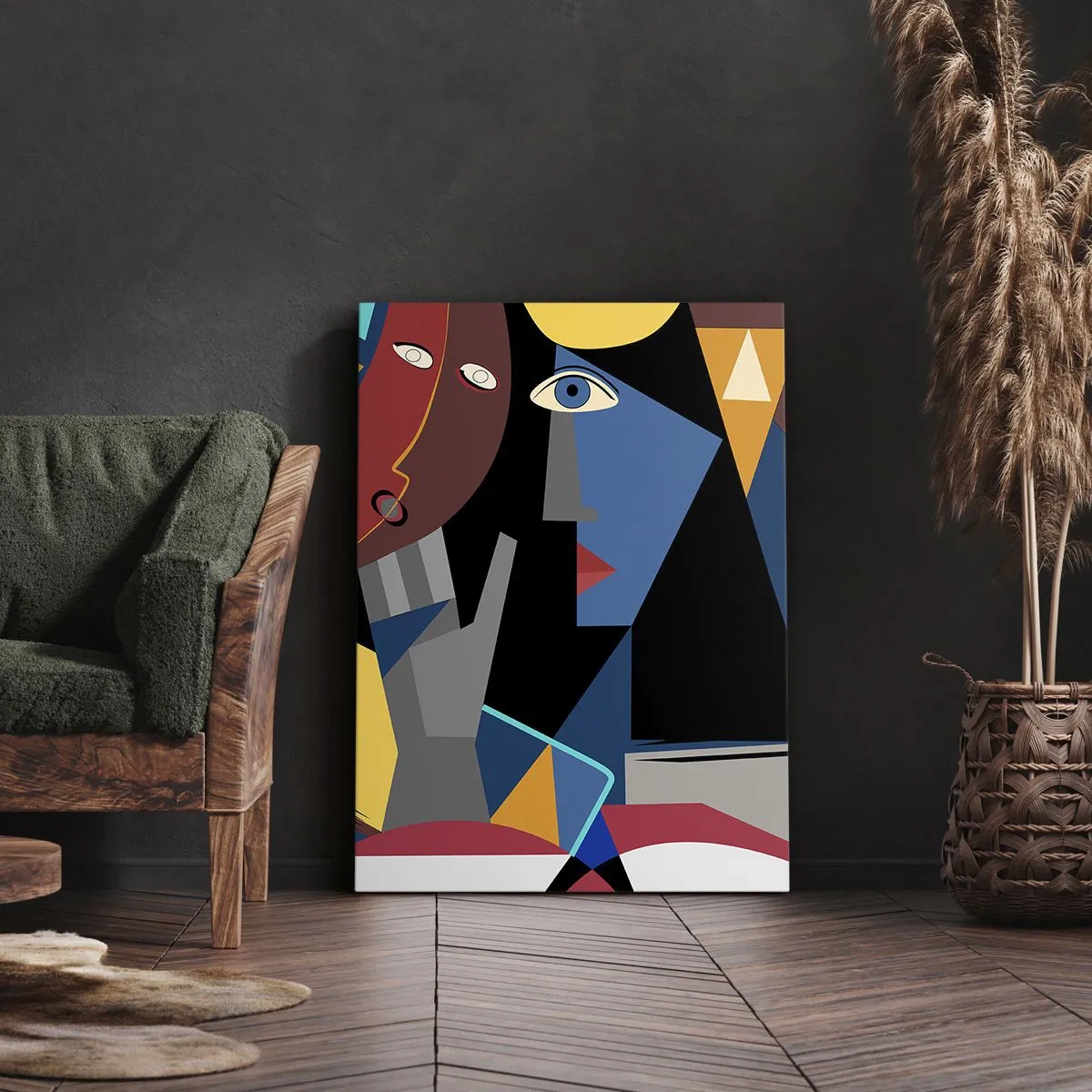 Obraz na płótnie - Kubistyczne twarze w intensywnych kolorach - 70x100cm - Rozmowa kubistów - Nowoczesna dekoracja ścienna do salonu i sypialni ARTTOR