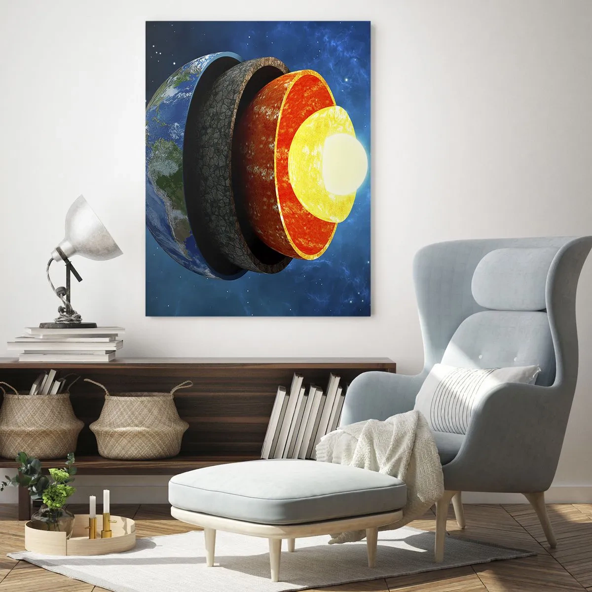 Obraz na szkle - Przekrój Ziemi ukazujący jej warstwy na tle kosmosu - 50x70cm - Wyprawa do wnętrz Ziemi - Nowoczesna dekoracja ścienna do salonu, kuchni i sypialni ARTTOR