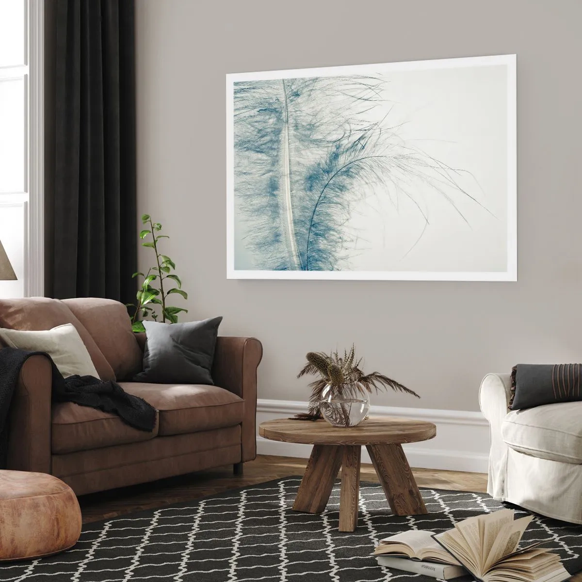 Plakat - Delikatne pióro w pastelowych odcieniach na jasnym tle - 100x70cm - Szept natury - Nowoczesna dekoracja ścienna do salonu i sypialni ARTTOR