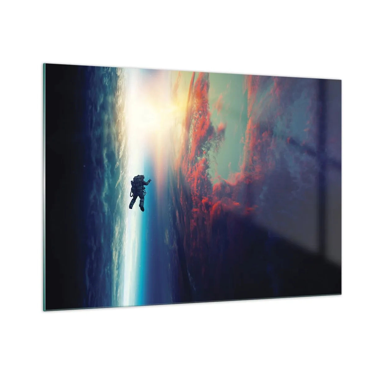 Obraz na szkle - Astronauta dryfujący w przestrzeni kosmicznej w stronę światła - 100x70cm - Mierzyć się ze wszechświatem - Nowoczesna dekoracja ścienna do salonu, kuchni i sypialni ARTTOR