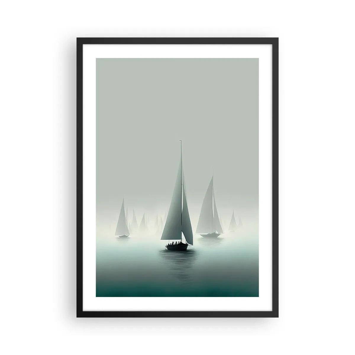 Plakat w czarnej ramie - Grupa żaglówek płynących po mglistym morzu, otoczonych spokojnymi wodami - 50x70cm - Zbudowane z mgły - Nowoczesna dekoracja ścienna do salonu i sypialni ARTTOR