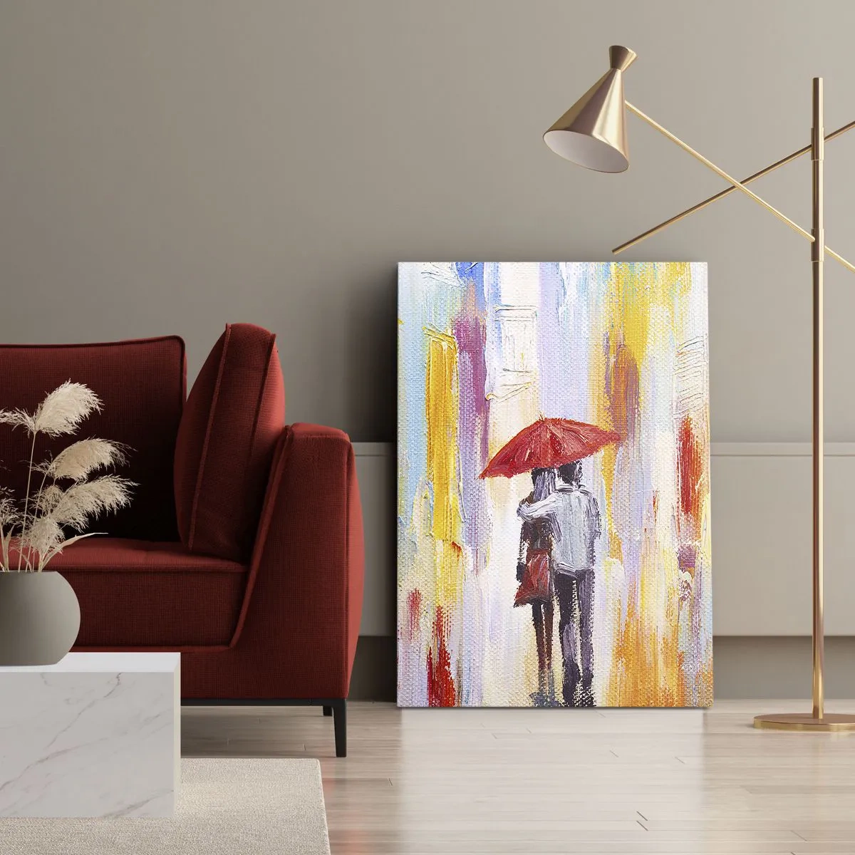 Obraz na płótnie - Romantyczna para pod czerwonym parasolem w deszczu - 50x70cm - Niech pada dalej - Nowoczesna dekoracja ścienna do salonu, kuchni i sypialni ARTTOR