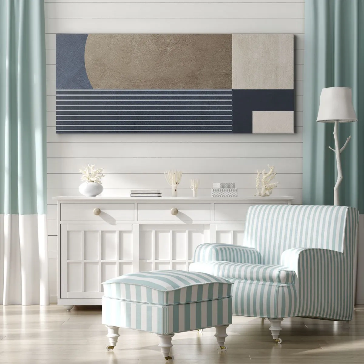 Obraz na płótnie - Geometryczne figury w odcieniach beżu i granatu z liniami - 140x50cm - Kompozycja prostoty i krągłości - Nowoczesna dekoracja ścienna do salonu i sypialni ARTTOR