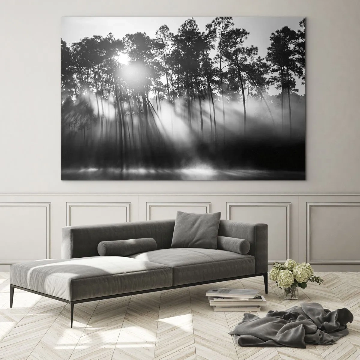 Obraz na szkle - Czarno-białe drzewa w lesie z promieniami słońca w mgiełce - 70x50cm - Niepowstrzymane słońce - Nowoczesna dekoracja ścienna do salonu i sypialni ARTTOR