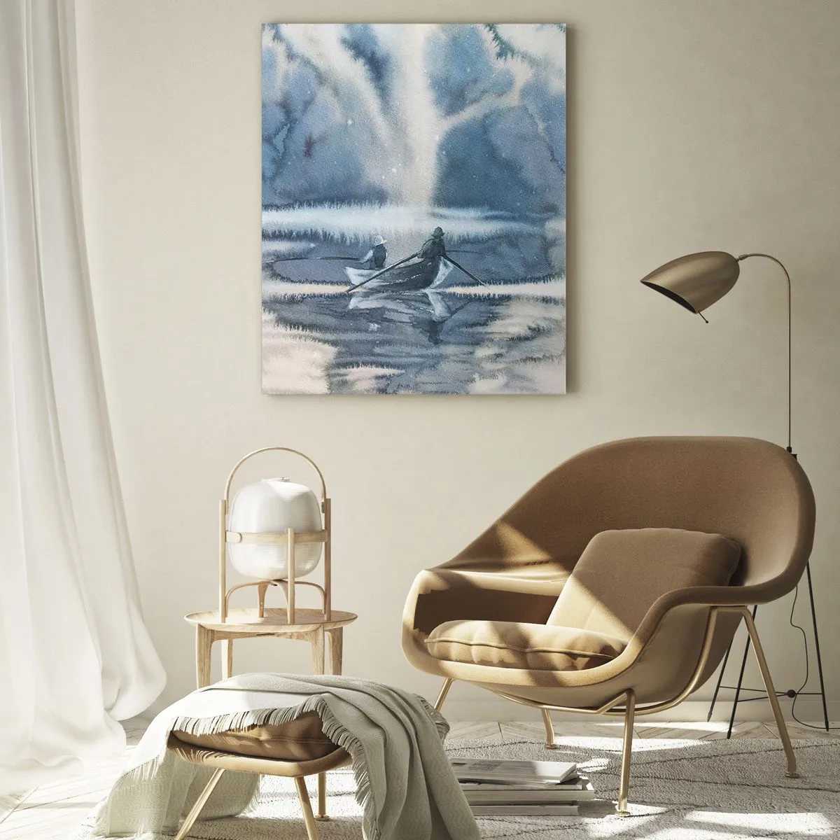 Obraz na szkle - Dwóch wędkarzy na łodzi otoczonej mglistym krajobrazem - 50x70cm - Wędkarze w swoim raju - Nowoczesna dekoracja ścienna do salonu, kuchni i sypialni ARTTOR