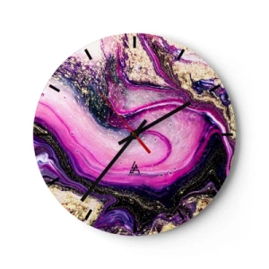 Zegar ścienny - Abstrakcyjny wzór w odcieniach fioletu i złota z wirującym motywem - 30x30cm - Chwila za kulisami - Nowoczesna dekoracja ścienna do salonu, kuchni i sypialni ARTTOR