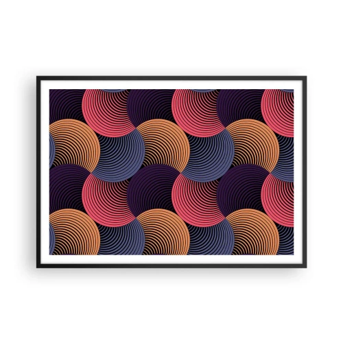 Plakat w czarnej ramie - Geometryczne kręgi w odcieniach różu, fioletu i złota - 100x70cm - W kolistym rytmie - Nowoczesna dekoracja ścienna do salonu i sypialni ARTTOR