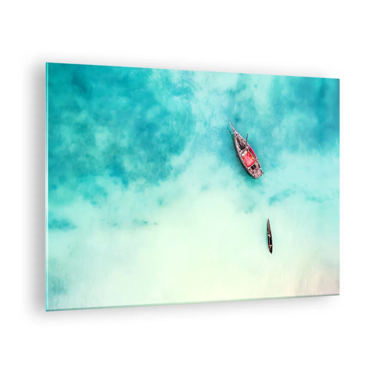 Obraz na szkle - Łodzie na lazurowej wodzie w spokojnej scenerii - 70x50cm - Bo na plażach Zanzibaru, kiedy nadmiar wód… - Nowoczesna dekoracja ścienna do salonu i sypialni ARTTOR