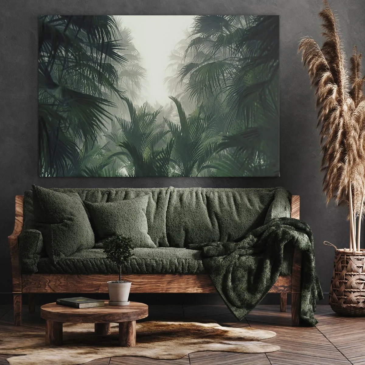 Obraz na płótnie - Tropikalna roślinność w gęstej mgle w lesie deszczowym - 70x50cm - Tropikalna tajemnica - Nowoczesna dekoracja ścienna do salonu i sypialni ARTTOR