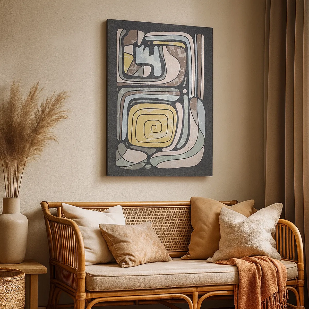 Obraz na płótnie - Abstrakcyjna kompozycja geometrycznych i organicznych kształtów w stonowanych barwach na ciemnym tle - 50x70cm - Abstrakcja w duchu prekolumbijskim - Nowoczesna dekoracja ścienna do salonu, kuchni i sypialni ARTTOR