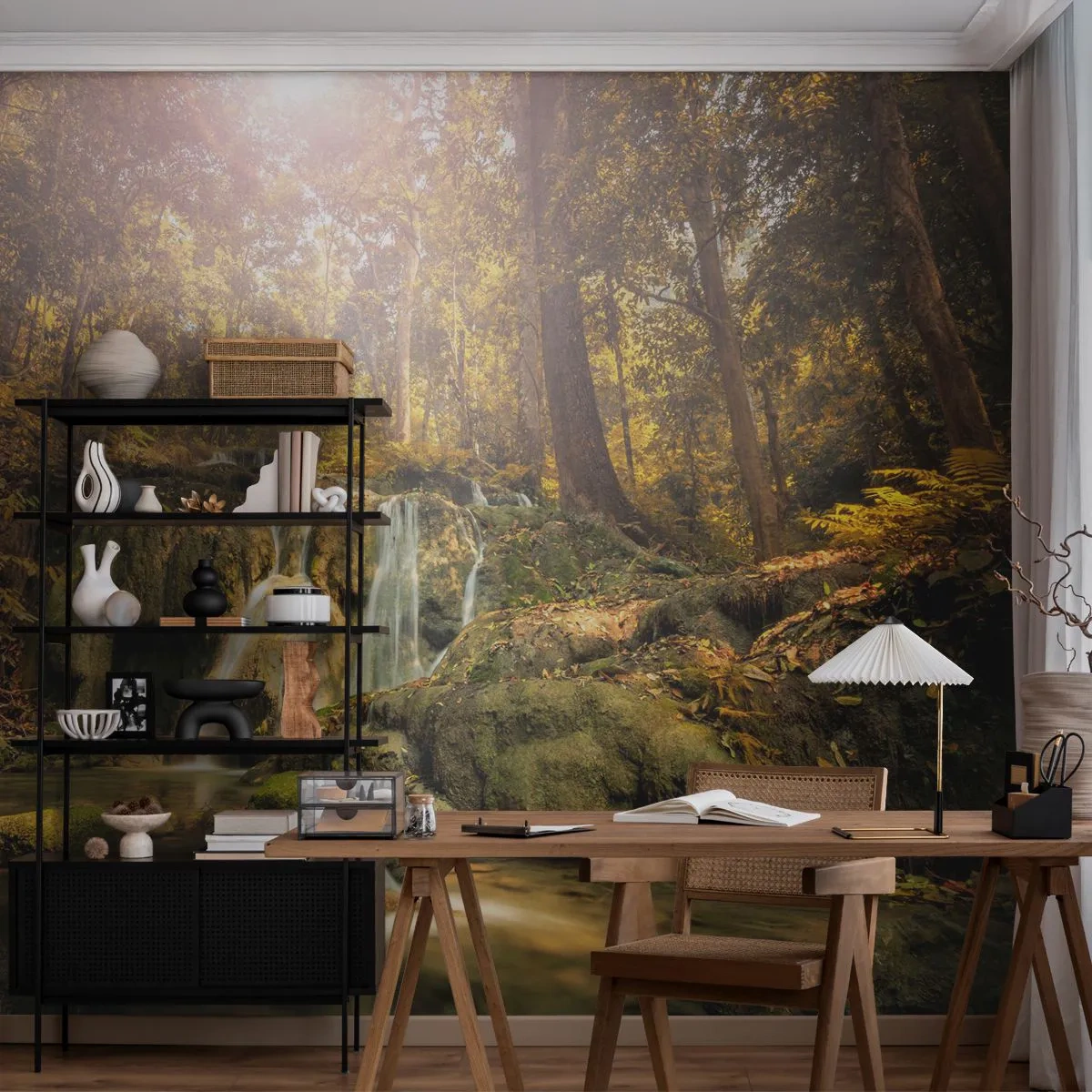 Fototapeta Premium Sand - Malowniczy wodospad w otoczeniu jesiennego lasu - 100x70cm - Leśna kaskada w zieleni - Nowoczesna dekoracja ścienna do salonu, kuchni i sypialni ARTTOR