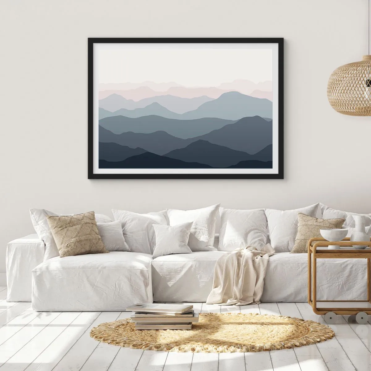 Plakat w czarnej ramie - Subtelne warstwy gór w odcieniach szarości i błękitu - 70x50cm - Fale gór - Nowoczesna dekoracja ścienna do salonu i sypialni ARTTOR