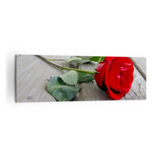 Obraz na płótnie - Czerwona róża na drewnianym tle - 160x50cm - Studium w szkarłacie - Nowoczesna dekoracja ścienna do salonu i sypialni ARTTOR
