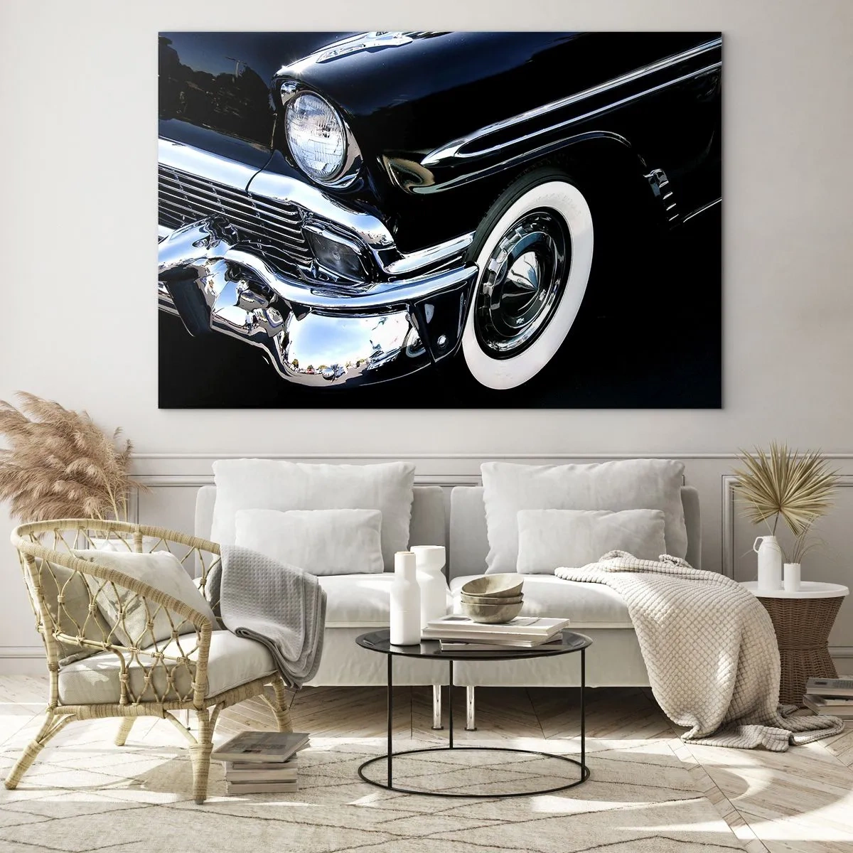 Obraz na szkle - Zbliżenie na zabytkowy czarny samochód z chromowanymi detalami - 120x80cm - Klasyka w srebrze, czerni i bieli - Nowoczesna dekoracja ścienna do salonu, kuchni i sypialni ARTTOR