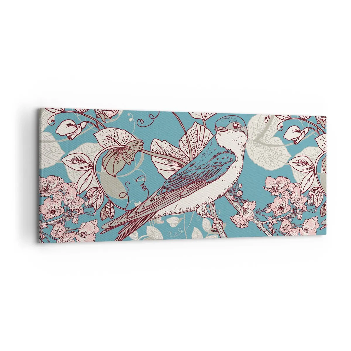 Obraz na płótnie - Ptak na gałęzi w delikatnym floralnym stylu - 120x50cm - W białodrzewiu ćwirnie i srebliście - Nowoczesna dekoracja ścienna do salonu i sypialni ARTTOR