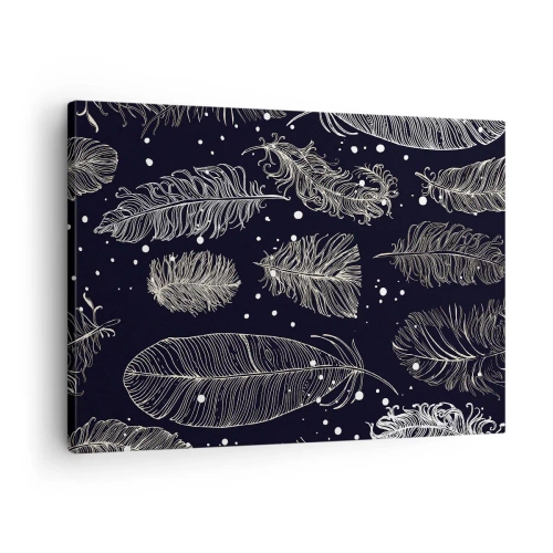 Obraz na płótnie - Delikatne białe pióra na granatowym tle - 70x50cm - Pierzasta koronka - Nowoczesna dekoracja ścienna do salonu i sypialni ARTTOR