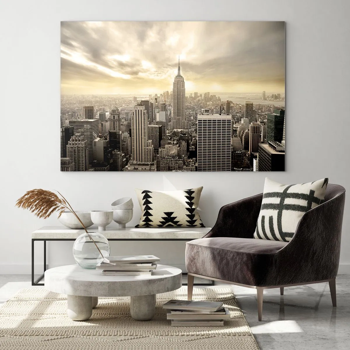 Obraz na szkle - Panorama miasta z wieżowcami i Empire State Building - 120x80cm - Nowy Jork utkany z szarości - Nowoczesna dekoracja ścienna do salonu, kuchni i sypialni ARTTOR