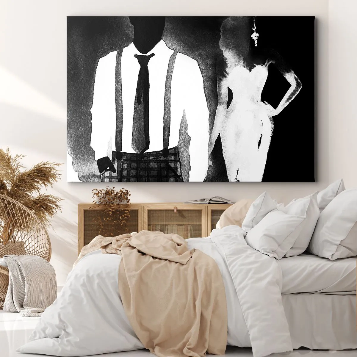 Obraz na płótnie - Postacie w stylu noir, czarno-biała elegancja i tajemniczość - 70x50cm - W klimacie noir - Nowoczesna dekoracja ścienna do salonu i sypialni ARTTOR