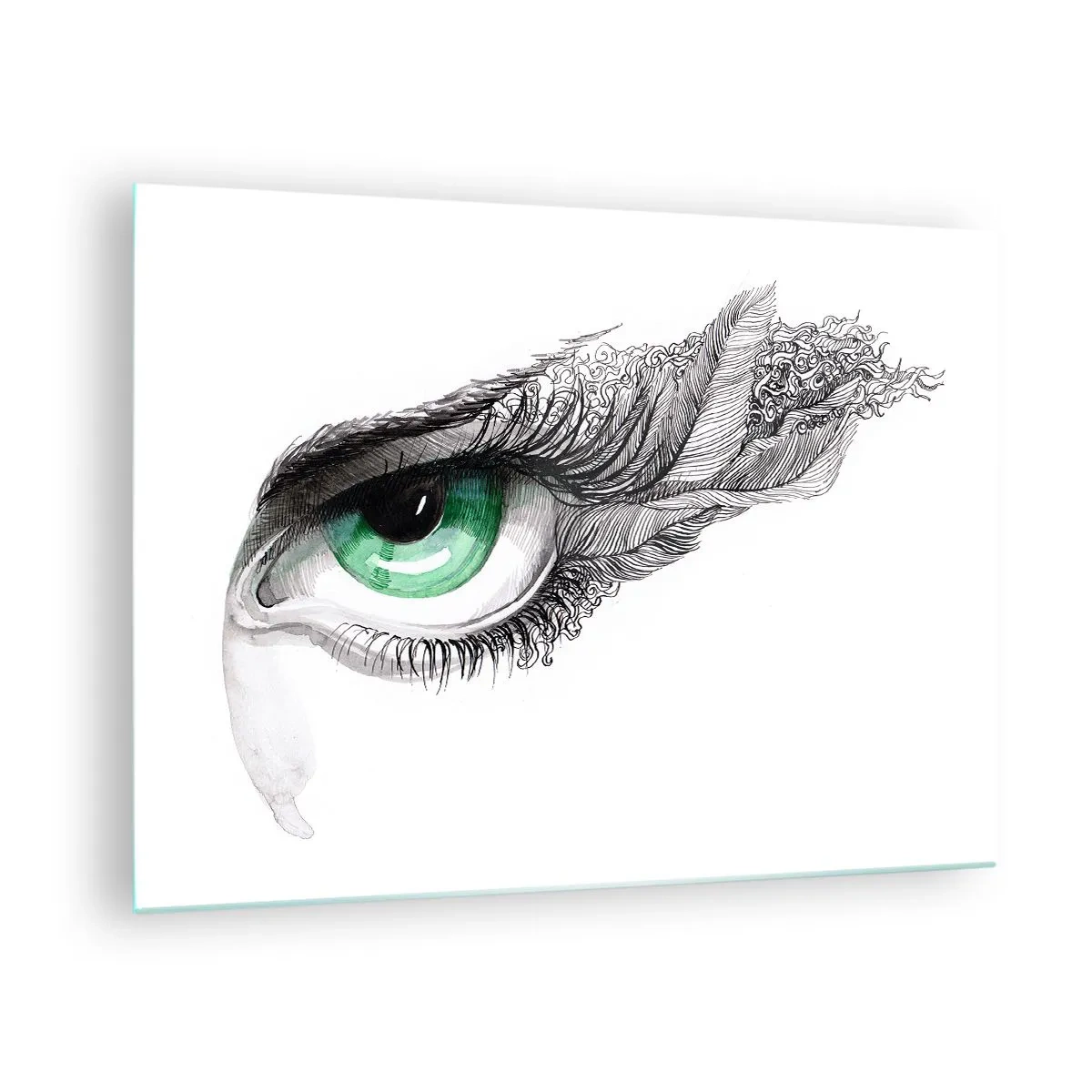 Obraz na szkle - Zielone oko z detalami piór i abstrakcyjnymi wzorami - 70x50cm - Piękna i gotowa do ataku - Nowoczesna dekoracja ścienna do salonu i sypialni ARTTOR