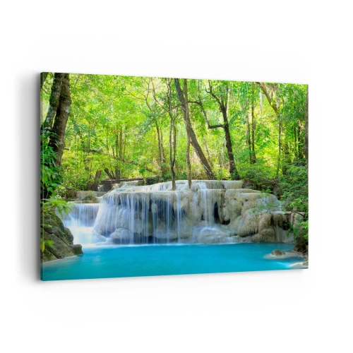 Obraz na płótnie - Wodospad wśród zielonych drzew z błękitną wodą w naturalnym otoczeniu - 100x70cm - Utonąć w turkusie i w zieleni - Nowoczesna dekoracja ścienna do salonu, kuchni i sypialni ARTTOR