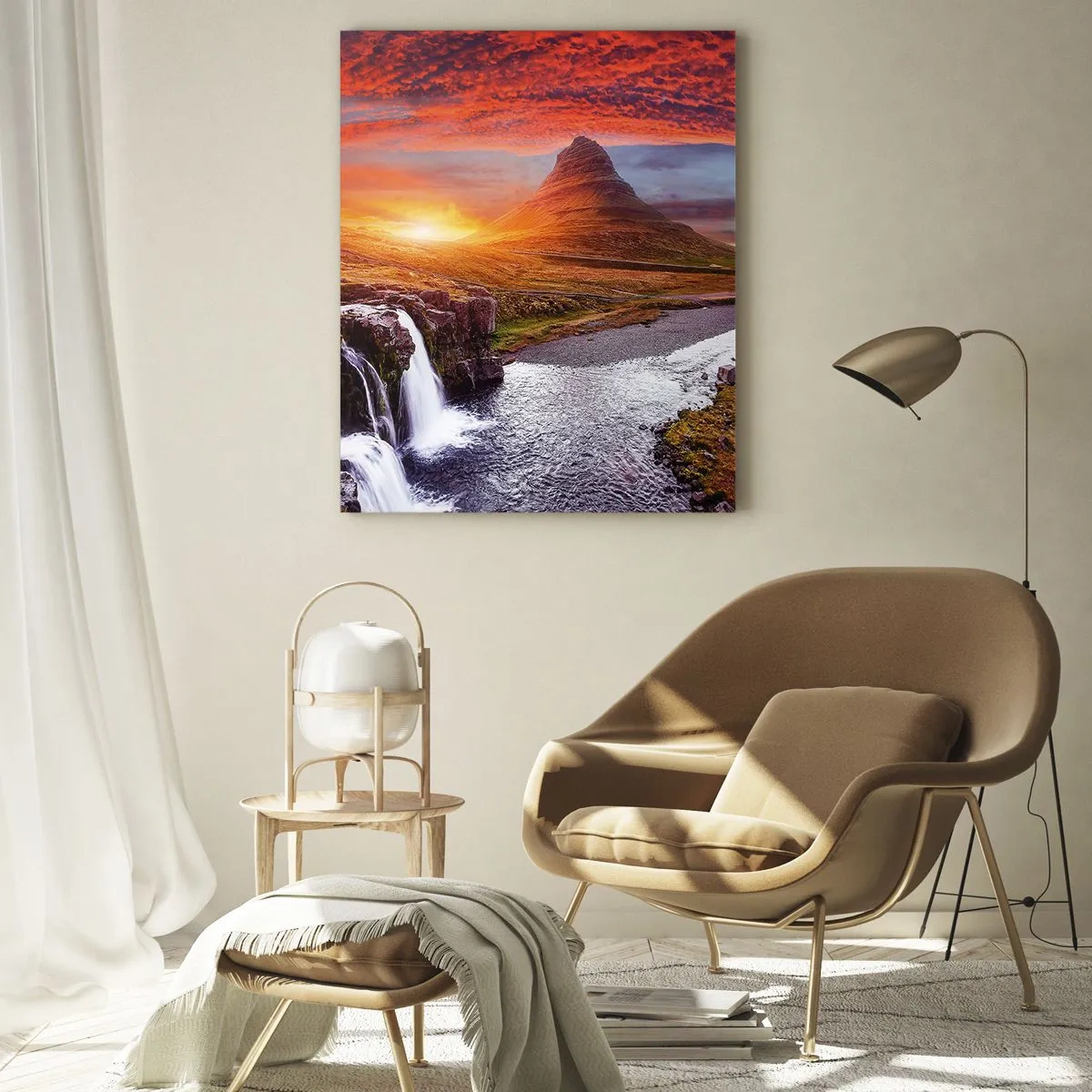 Obraz na szkle - Górski krajobraz z wodospadem i zachodem słońca - 50x70cm - Widok Śródziemia - Nowoczesna dekoracja ścienna do salonu, kuchni i sypialni ARTTOR