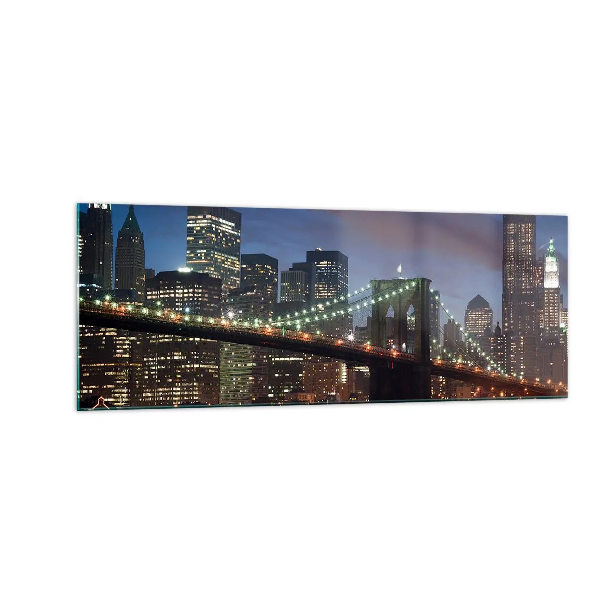 Obraz na szkle - Most w Nowym Jorku nocą z podświetlonymi budynkami - 140x50cm - Rozjarzona noc - Nowoczesna dekoracja ścienna do salonu i sypialni ARTTOR