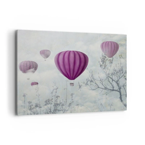 Obraz na płótnie - Fioletowe balony unoszące się nad drzewami w chmurach - 100x70cm - Jak statki na niebie - Nowoczesna dekoracja ścienna do salonu, kuchni i sypialni ARTTOR