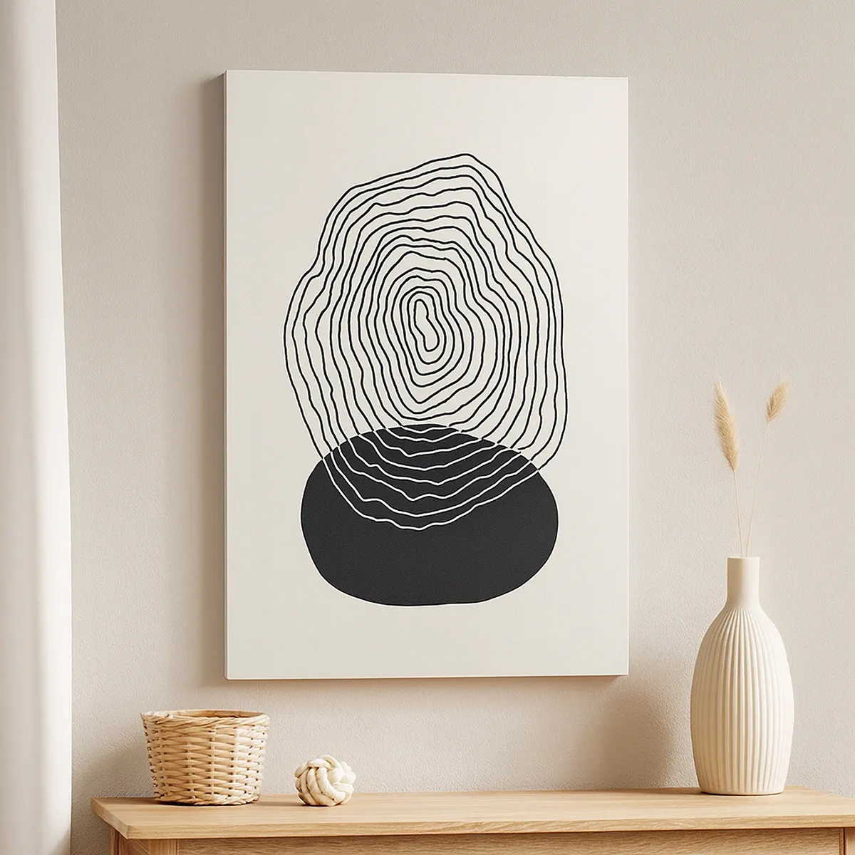 Obraz na płótnie - Abstrakcyjna grafika z falistymi liniami i ciemnym kształtem - 50x70cm - Trwanie i drganie - Nowoczesna dekoracja ścienna do salonu, kuchni i sypialni ARTTOR