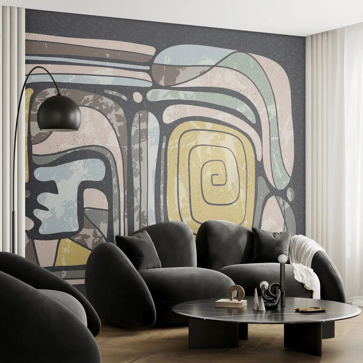 Fototapeta Premium Sand - Kolorowe formy graficzne inspirowane sztuką prekolumbijską - 100x70cm - Abstrakcja w duchu prekolumbijskim - Nowoczesna dekoracja ścienna do salonu, kuchni i sypialni ARTTOR
