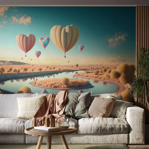 Fototapeta Premium Sand - Balony w kształcie serca nad spokojną rzeką - 100x70cm - Miłość pozwala wznieść się - Nowoczesna dekoracja ścienna do salonu, kuchni i sypialni ARTTOR
