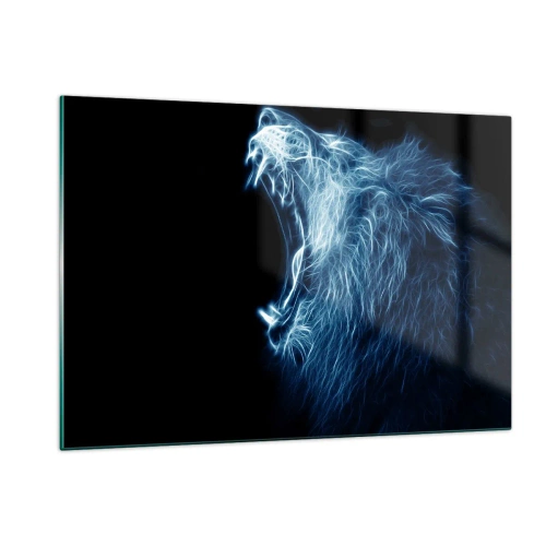 Obraz na szkle - Efektowne neonowe przedstawienie ryczącego lwa na czarnym tle - 120x80cm - Płomienny gniew króla - Nowoczesna dekoracja ścienna do salonu, kuchni i sypialni ARTTOR