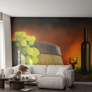 Fototapeta Samoprzylepna Deluxe Sticker - Martwa natura z butelką wina i kiścią winogron - Winogrono, Wino , Beczka Wina - 500x350 cm