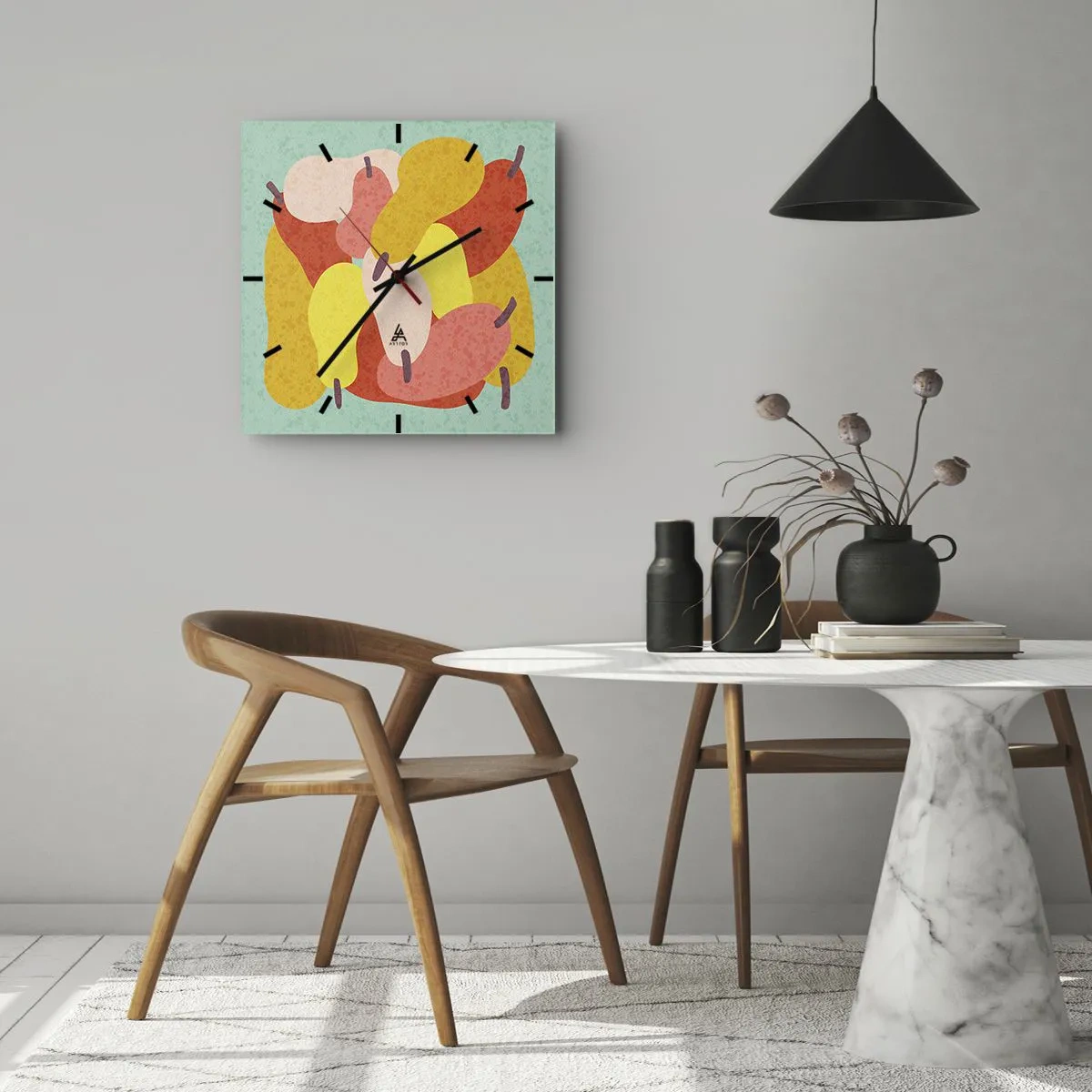 Zegar ścienny - Kolorowe abstrakcyjne gruszki na tle zielonym - 30x30cm - Spróbuj letniego słońca - Nowoczesna dekoracja ścienna do salonu i sypialni ARTTOR