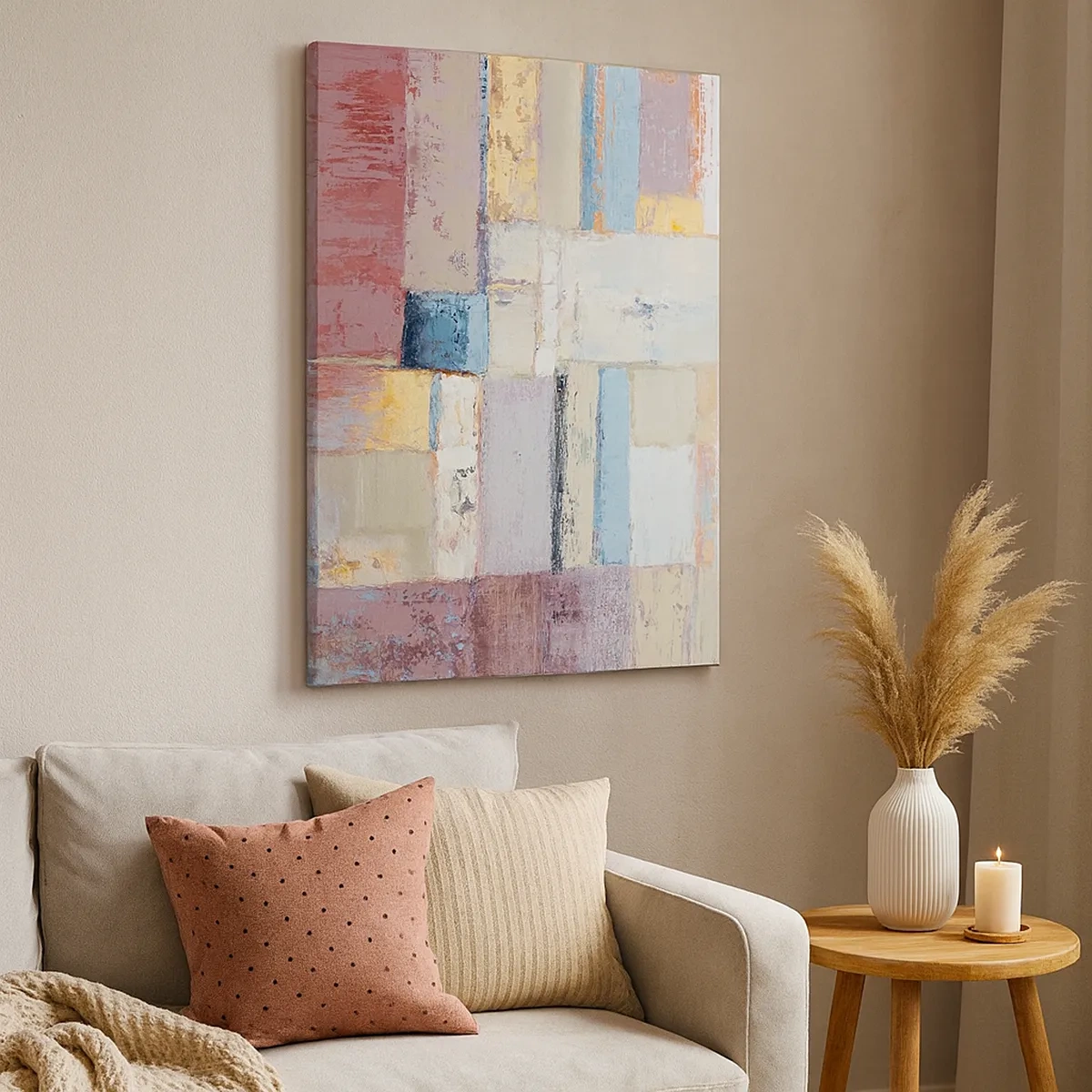 Obraz na płótnie - Abstrakcyjna kompozycja geometryczna w pastelowych kolorach - 50x70cm - Spokój geometrii - Nowoczesna dekoracja ścienna do salonu, kuchni i sypialni ARTTOR