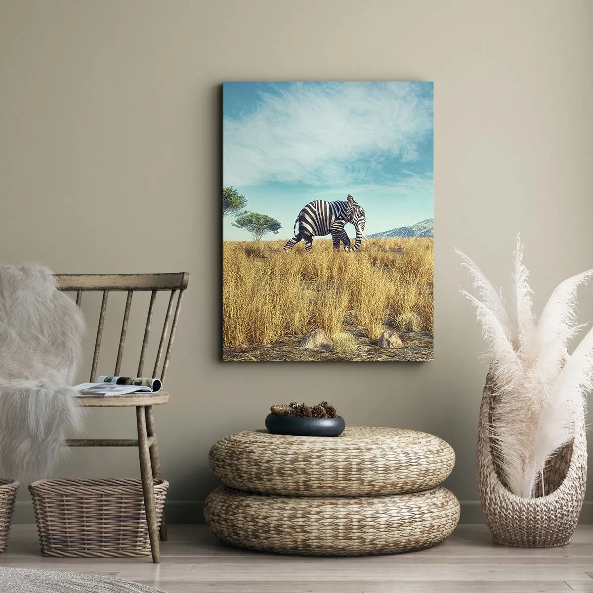 Obraz na płótnie - Słoniowata zebra na sawannie pod błękitnym niebem - 50x70cm - Szarość już niemodna - Nowoczesna dekoracja ścienna do salonu, kuchni i sypialni ARTTOR