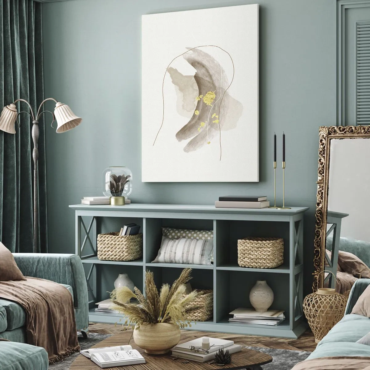 Obraz na płótnie - Abstrakcyjna kompozycja w odcieniach beżu i złota - 80x120cm - Napotkane w przestrzeni - Nowoczesna dekoracja ścienna do salonu i sypialni ARTTOR