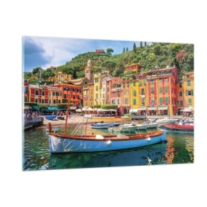 Obraz na szkle - Kolorowe budynki przy porcie w malowniczym miasteczku - 120x80cm - Włoskie przedpołudnie - Nowoczesna dekoracja ścienna do salonu, kuchni i sypialni ARTTOR