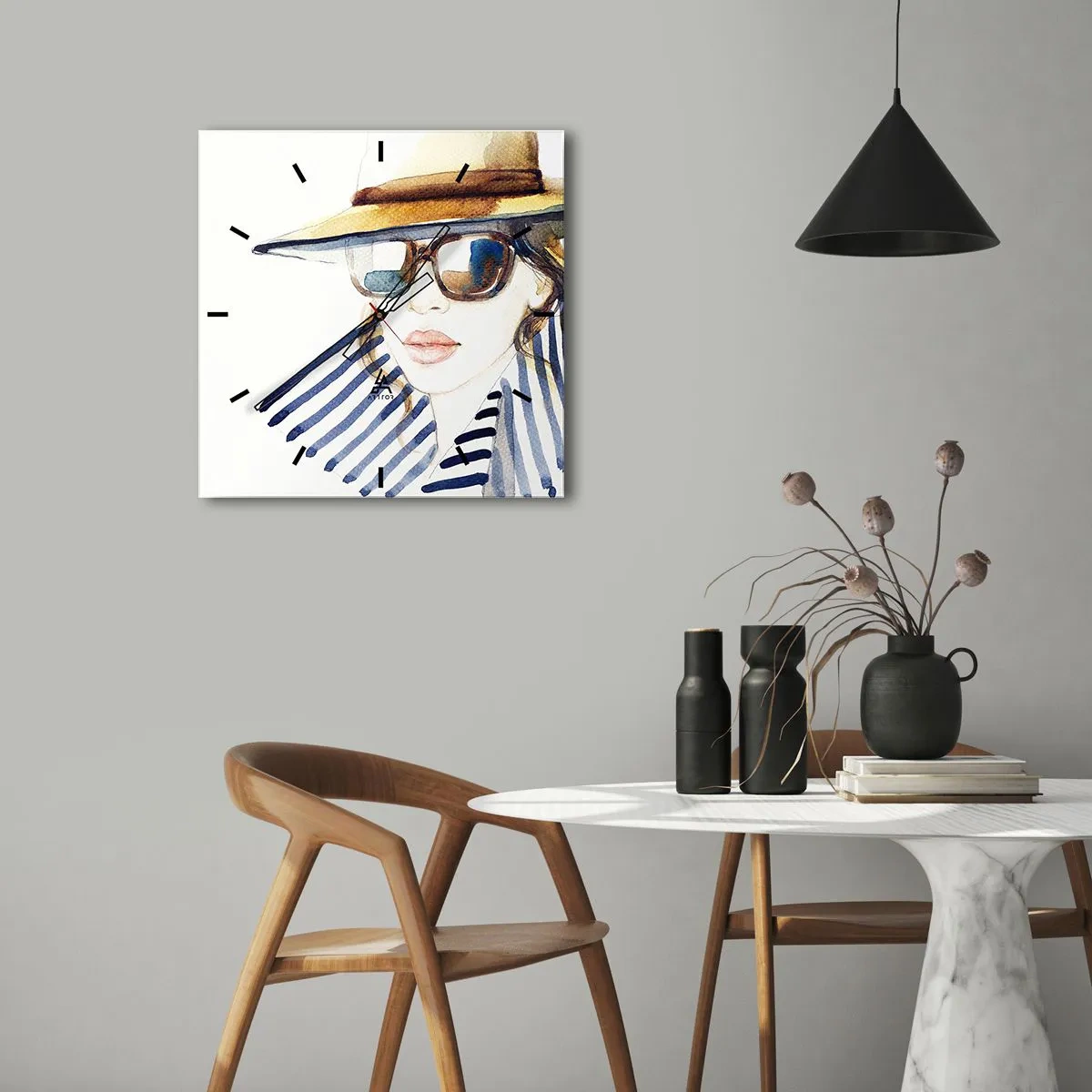Zegar ścienny - Portret kobiety w kapeluszu i okularach przeciwsłonecznych - 30x30cm - Floryda wita! - Nowoczesna dekoracja ścienna do salonu i sypialni ARTTOR