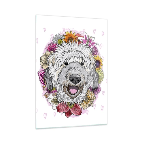 Obraz na szkle - Ilustracja przedstawiająca psa w otoczeniu kwiatów - 50x70cm - Szczenięca radość - Nowoczesna dekoracja ścienna do salonu, kuchni i sypialni ARTTOR