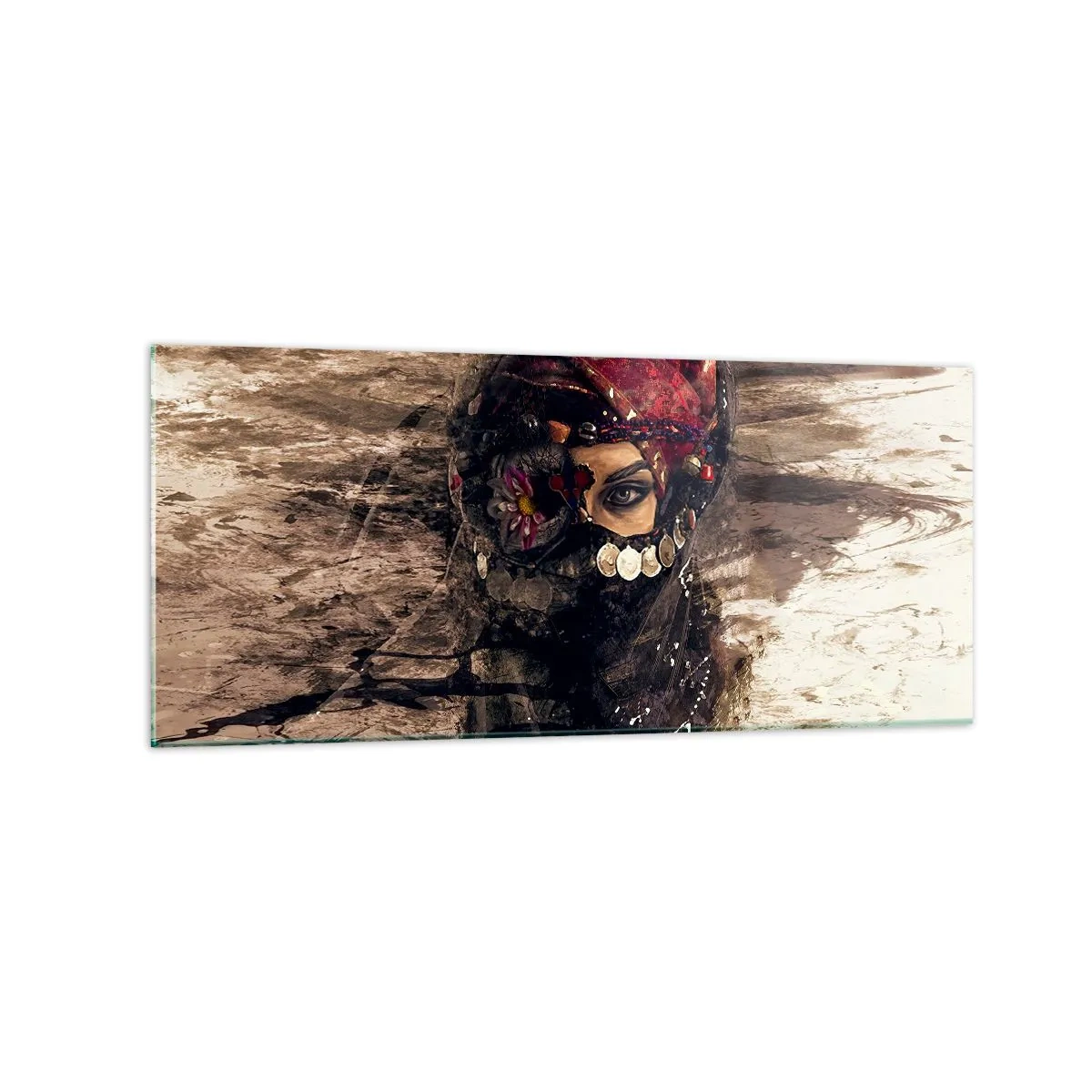 Obraz na szkle - Artystyczny portret kobiety w orientalnym stroju na abstrakcyjnym tle - 120x50cm - Co najmniej niepokojąca - Nowoczesna dekoracja ścienna do salonu i sypialni ARTTOR