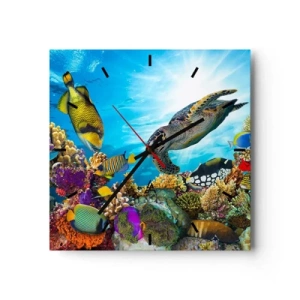 Zegar ścienny - Podwodny świat z kolorowymi rybami i żółwiem w koralowcu - 30x30cm - Koralowa promenada - Nowoczesna dekoracja ścienna do salonu i sypialni ARTTOR